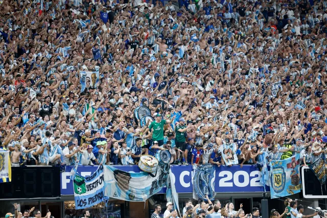 ATLANTA, GEORGIA - JULY 15: Argentina fans celebrate during the FIFA World Cup 2026 Semi Final match between England and Argentina at Atlanta Stadium on July 15, 2026 in Atlanta, United States. (Photo by Richard Sellers/Sportsphoto/Allstar via Getty Images)