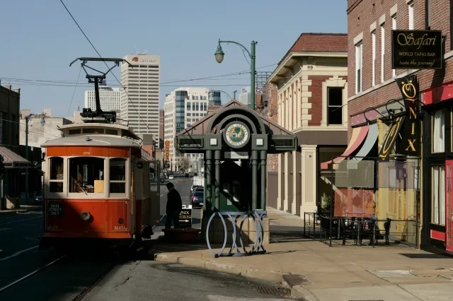 A trolley picks up passengers along a revitalized portion of Main Street in Memphis in this undated file picture.