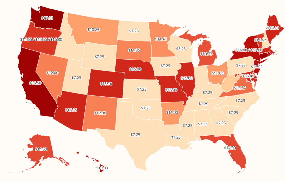 Map Shows How Minimum Wage Compares Across US States