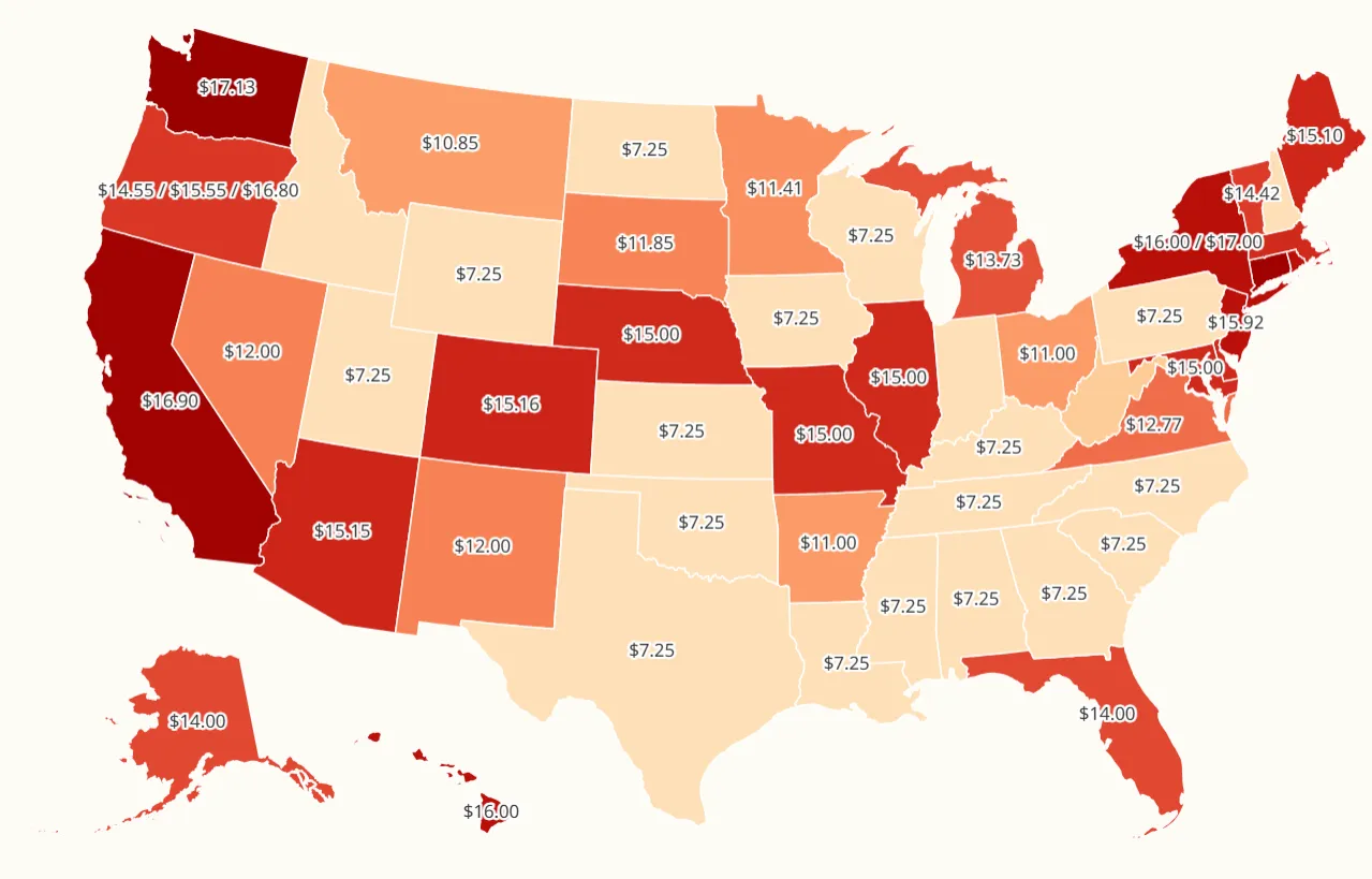 Map Shows How Minimum Wage Compares Across US States