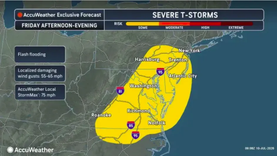A screenshot of an AccuWeather map showing severe weather from northern North Carolina to southeastern Pennsylvania and New Jersey, on July 10, 2026.