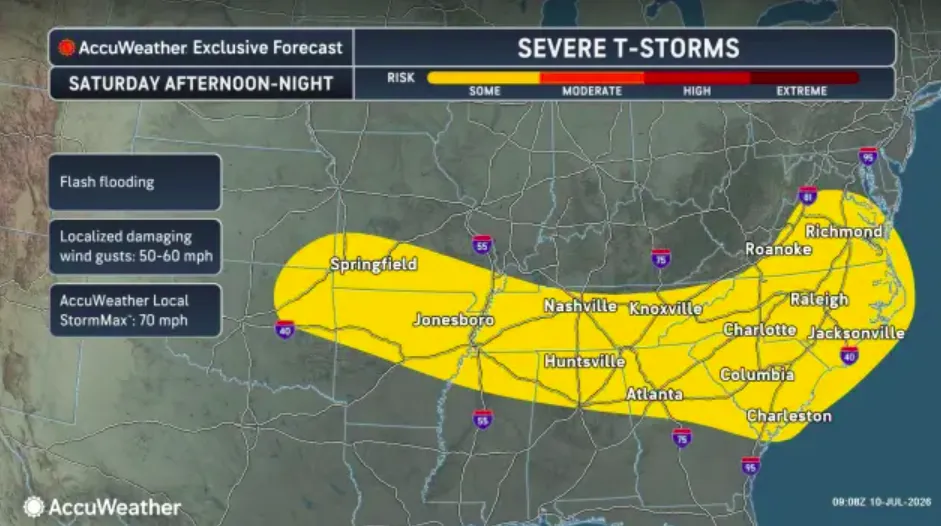 A screenshot of an AccuWeather map showing severe thunderstorms expected in Tennessee into northern Georgia and much of Virginia and the Carolinas on Saturday afternoon and evening, on July 10, 2026.