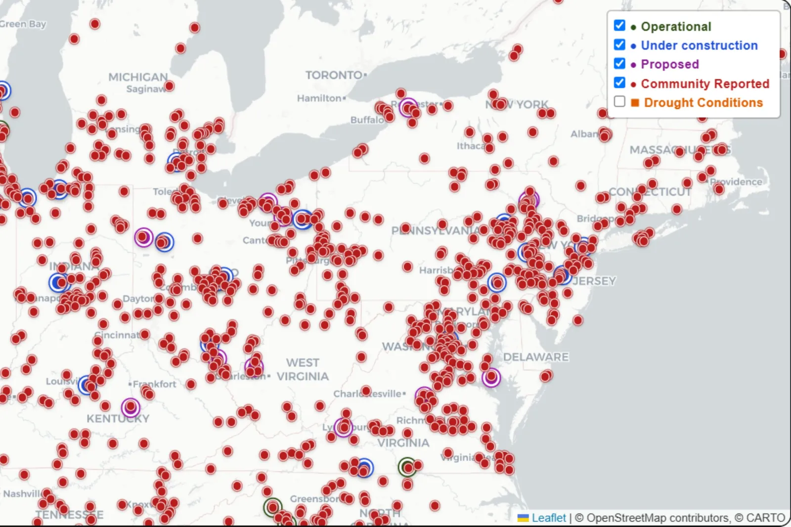 A map from brockovichdatacenter.com highlighting data centers across the region.