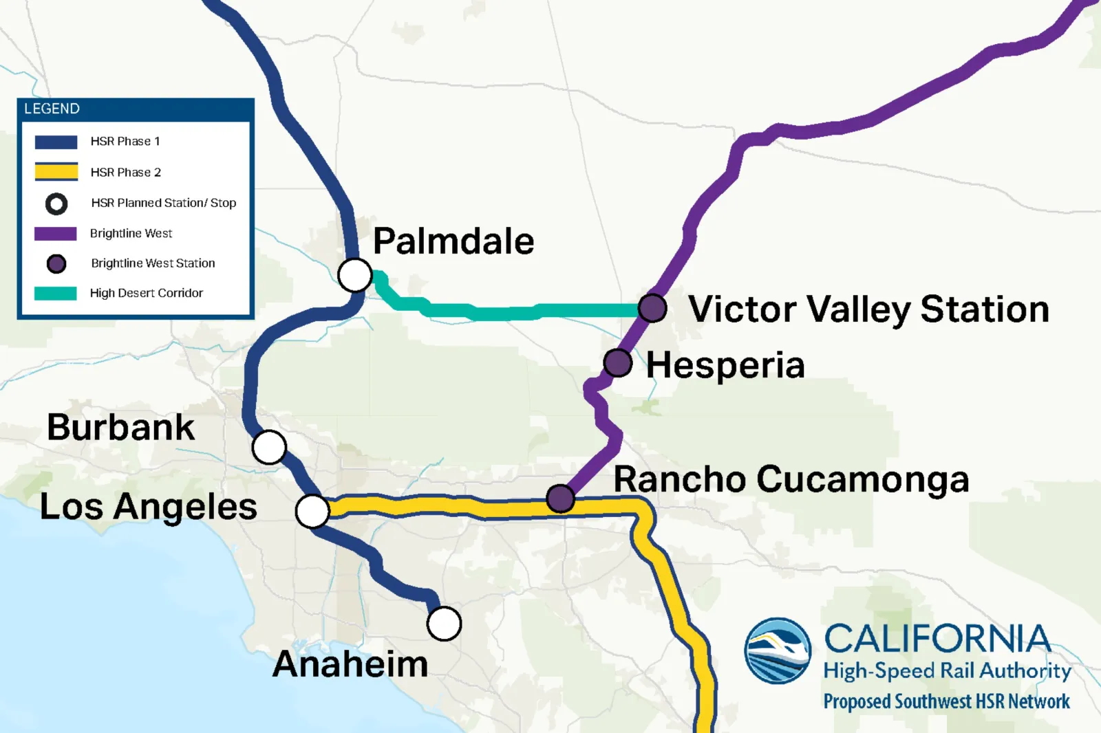 A California High-Speed Rail Authority map shows the proposed High Desert Corridor linking Palmdale with Victor Valley, creating a potential connection between California High-Speed Rail and Brightline West’s Las Vegas route.
