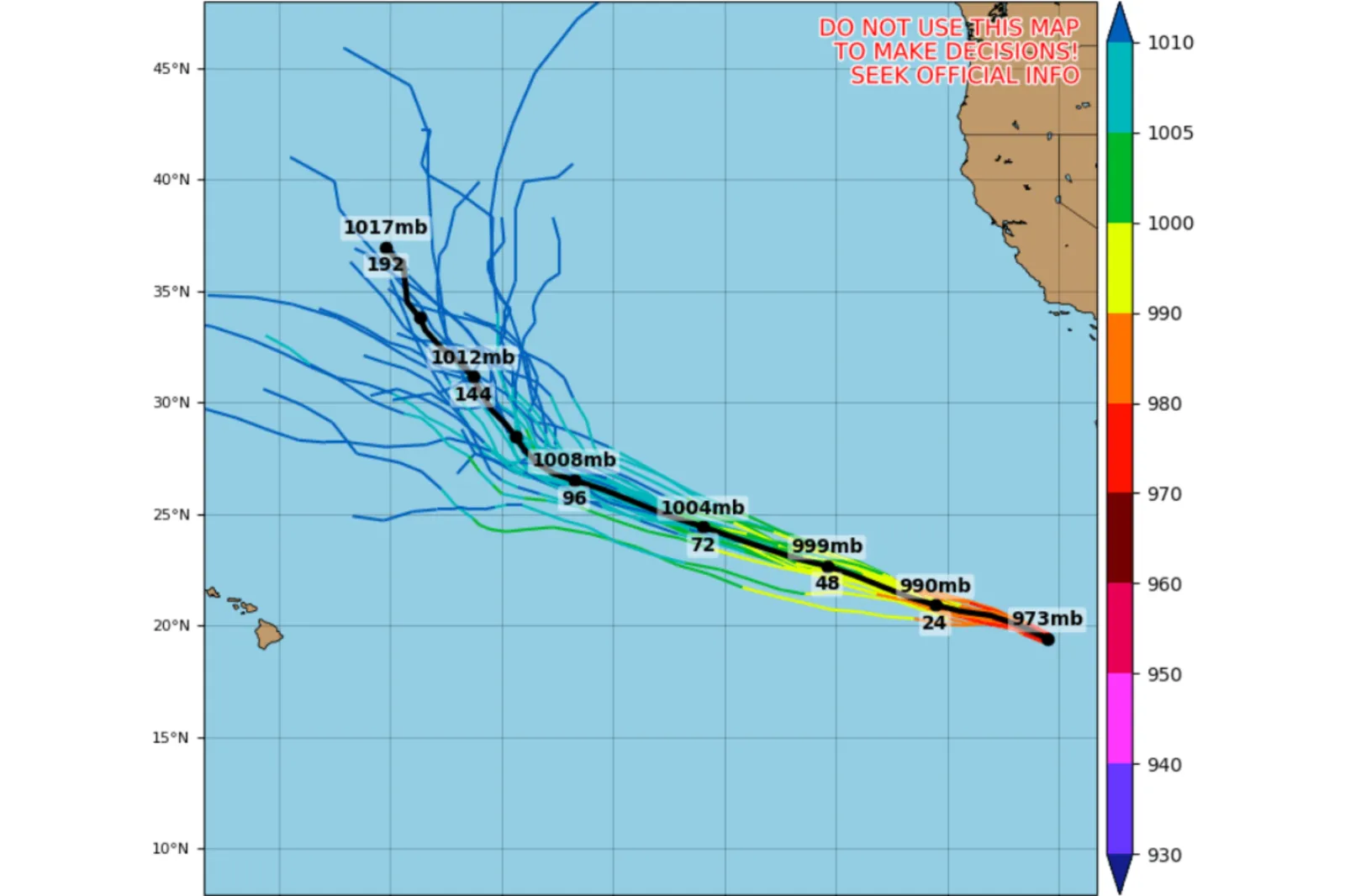 Spaghetti model showing track and pressure of Hurricane Genevieve | Tropical Tidbits