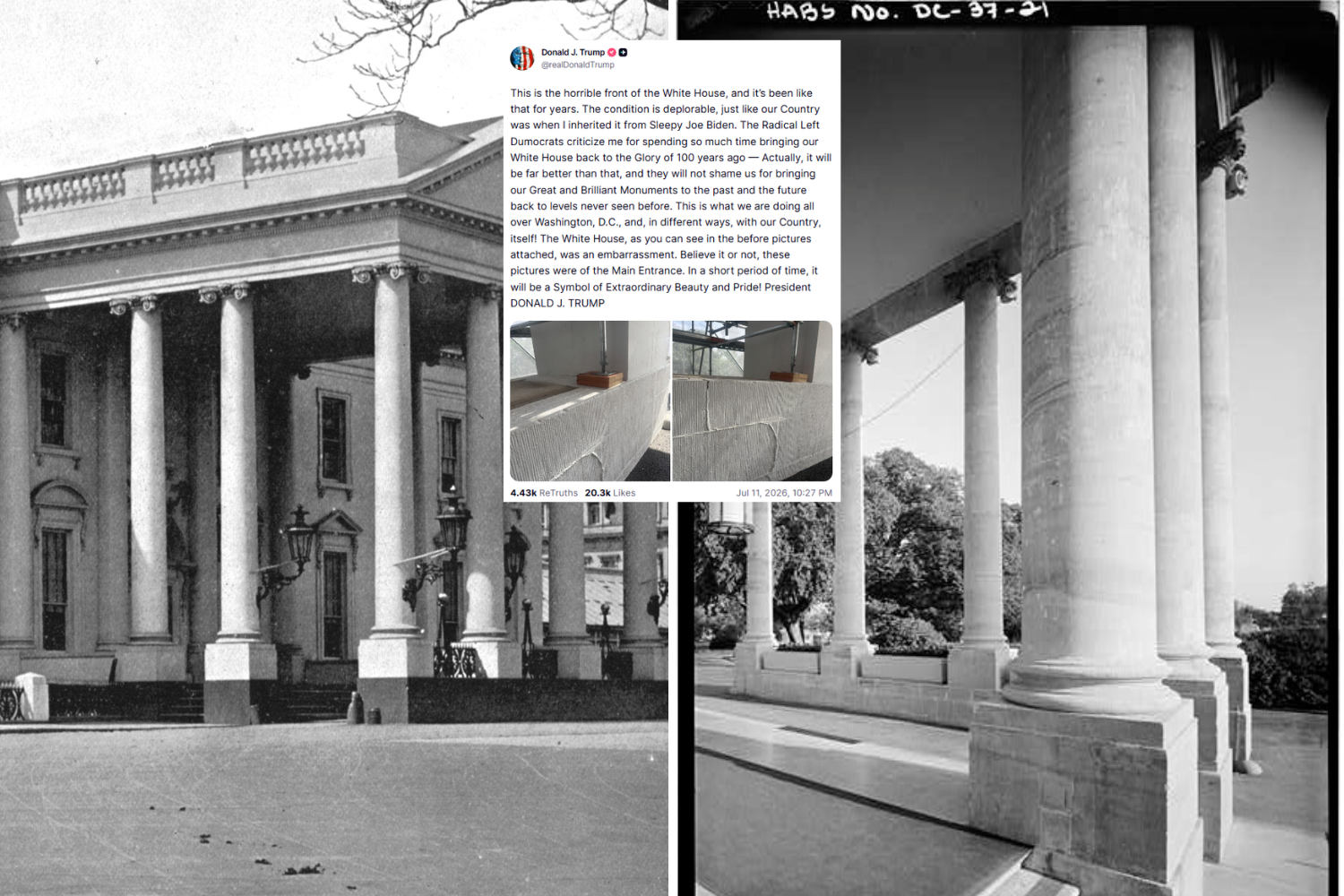 newsweek.com - Alice Gibbs - As Trump calls White House facade 'horrible'-Historic photos reveal how columns looked