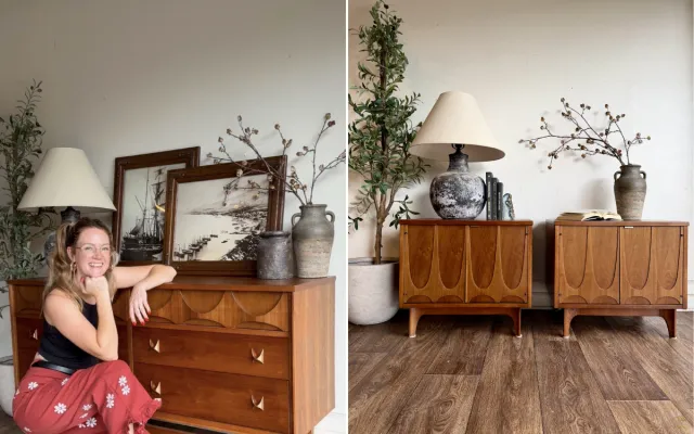 Shuford and the refinished Brasilia pieces.