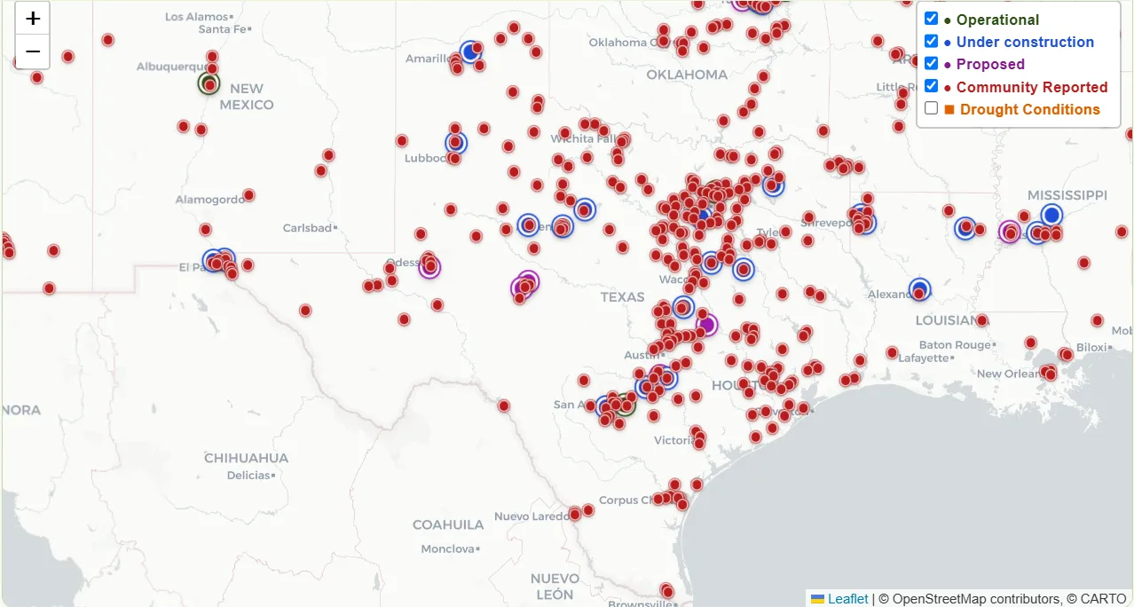 A map from brockovichdatacenter.com highlighting data centers across Texas.