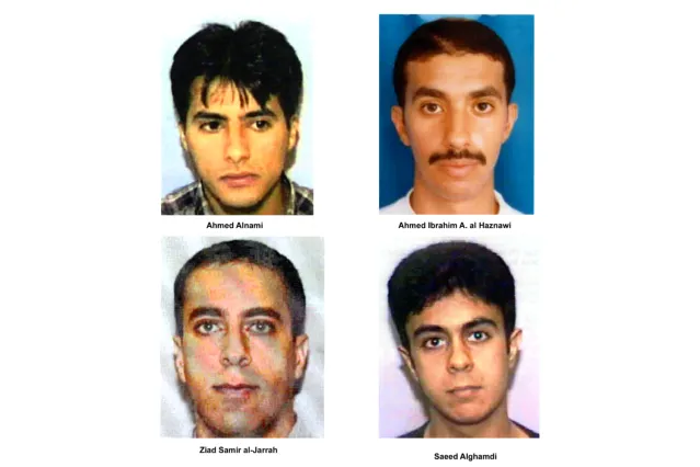Undated photos of suspected hijackers of United Airlines flight #93 that crashed in rural Pennsylvania, released by the FBI September 27, 2001 in Washington, DC. (L to R, top to bottom) Ahmed Alnami, Ahmed Ibrahim A. al-Haznawi, Ziad Samir al-Jarrah, and Saeed Alghamdi.