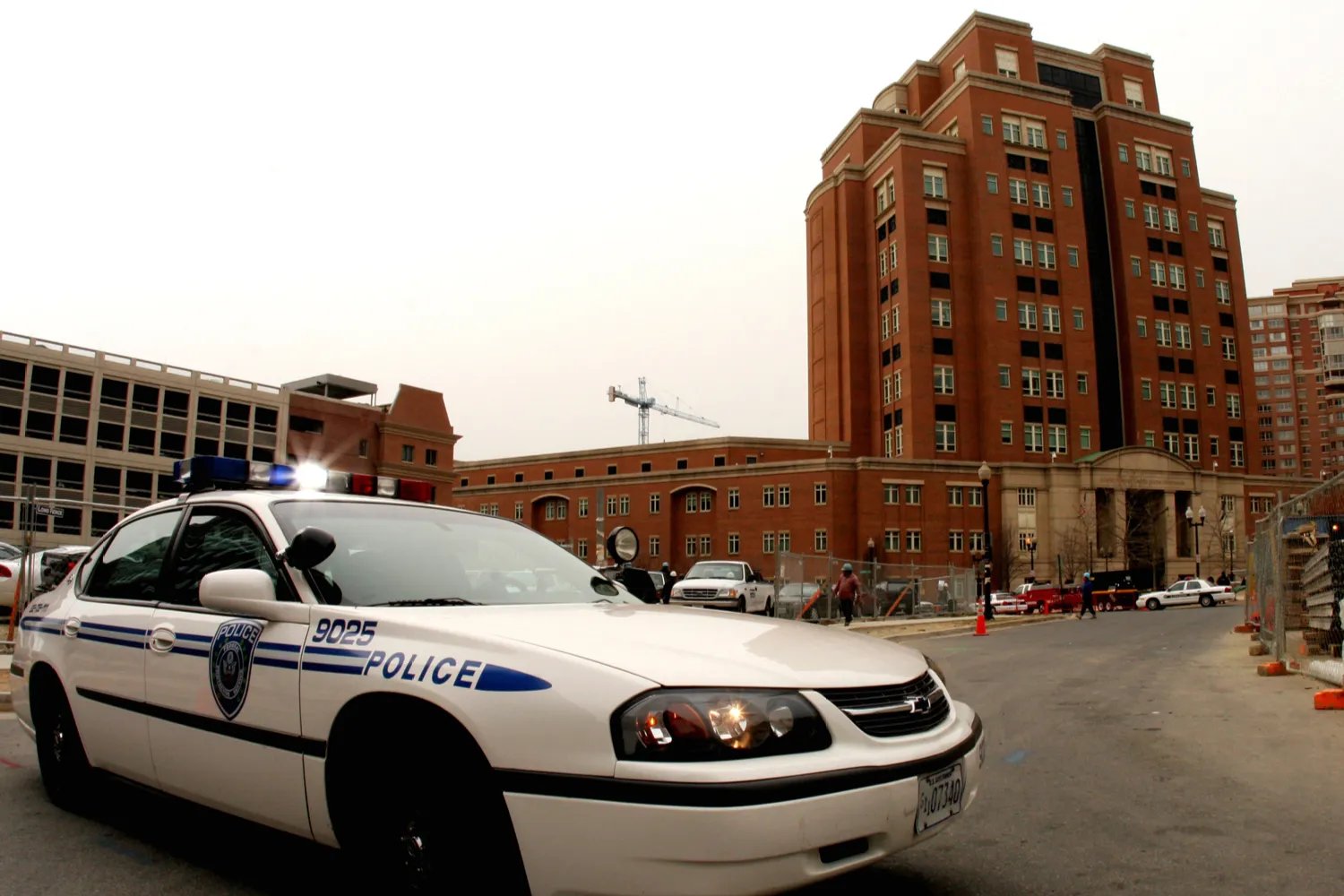A Federal Protective Service Police vehicle blocks a road near the U.S. federal courthouse in Alexandria, Va., where the sentencing trial of Zacarias Moussaoui is being held, Tuesday, March 21, 2006.