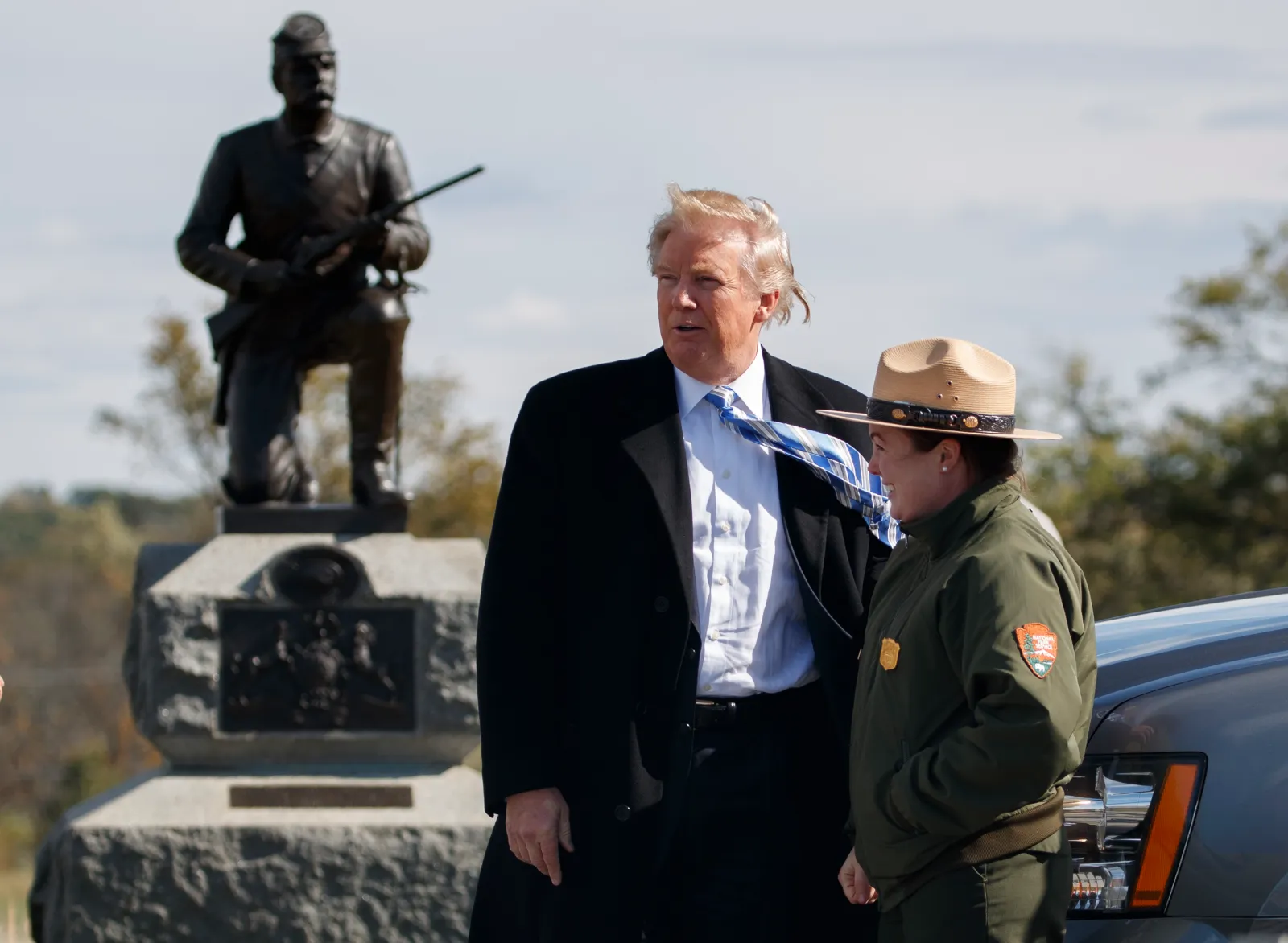 President Donald Trump, left, gets a tour from interpretive park ranger Caitlin Kostic at Gettysburg National Military Park on October 22, 2016, in Gettysburg, Pennsylvania. (File photo)