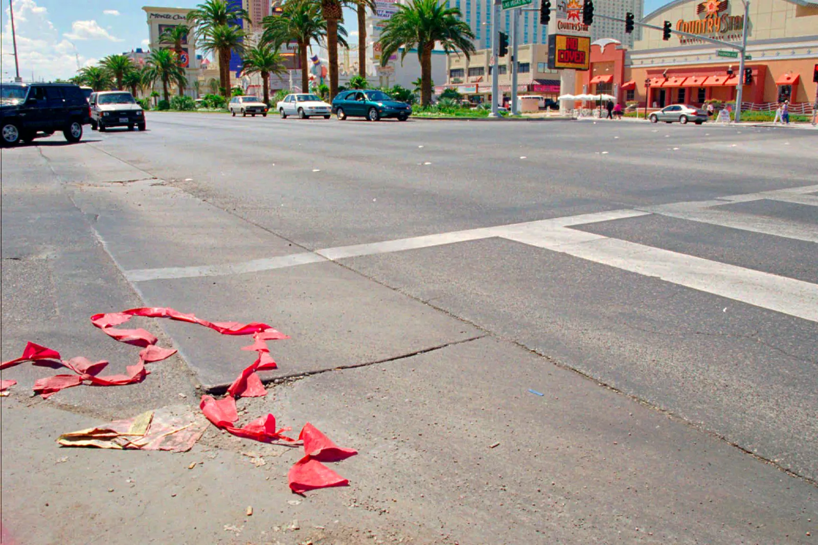 The intersection of Harmon and Las Vegas Boulevard on September 8, 1996, where Tupac Shakur and Marion "Suge" Knight were shot.