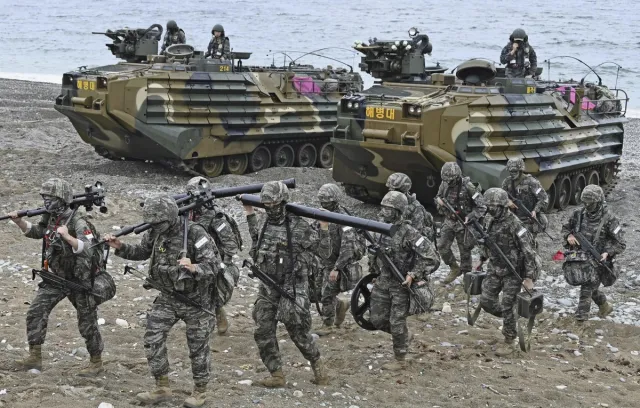 U.S. and South Korean Navy and Marine Corps personnel take part in a joint exercise on a beach in Pohang on September 2, 2024.