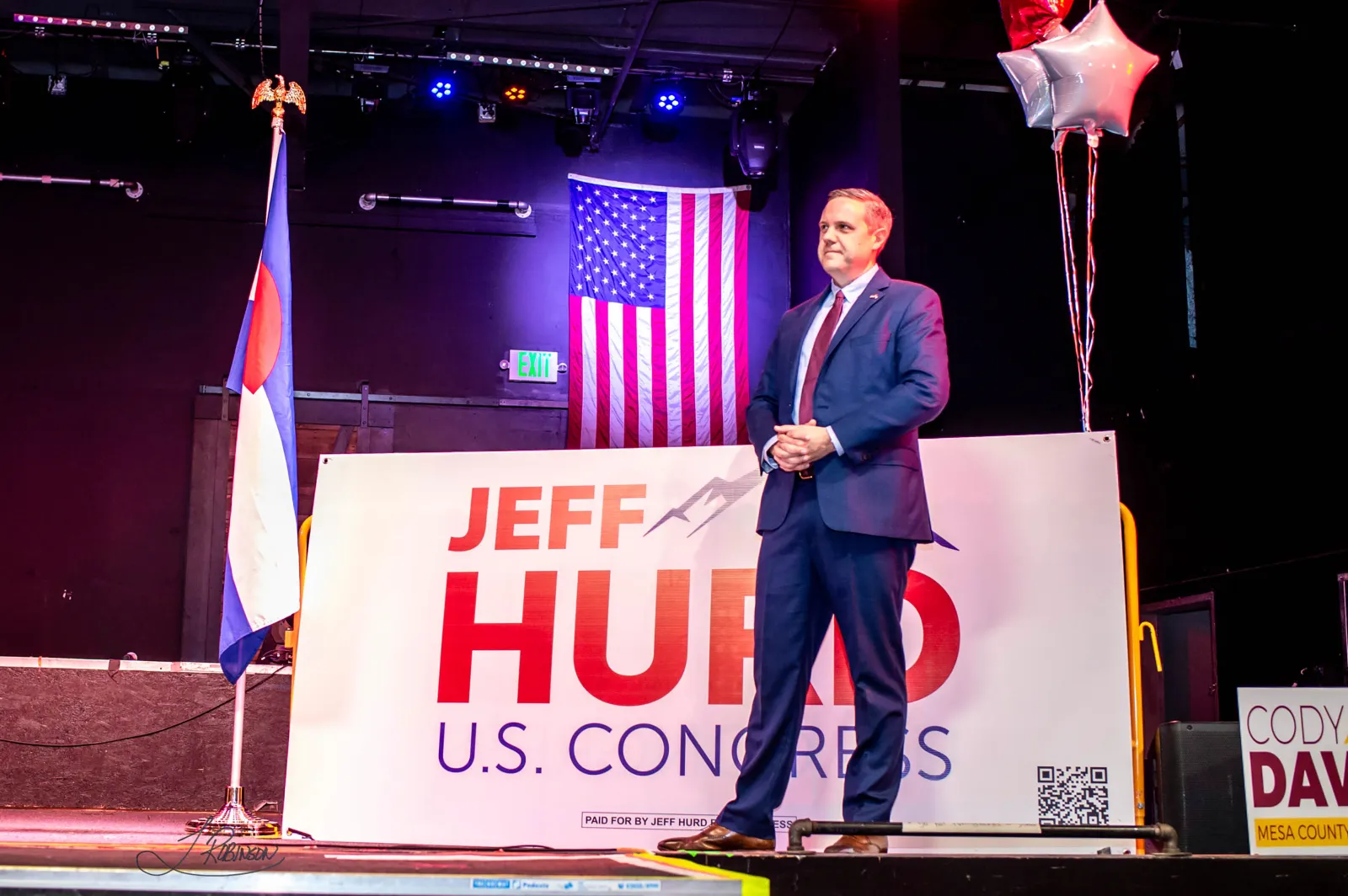 Jeff Hurd, Republican candidate for Colorado's 3rd Congressional District seat, listens to speakers at an election watch party Tuesday, Nov. 5, 2024, in Grand Junction, Colo. (Larry Robinson/Grand Junction Daily Sentinel via AP)