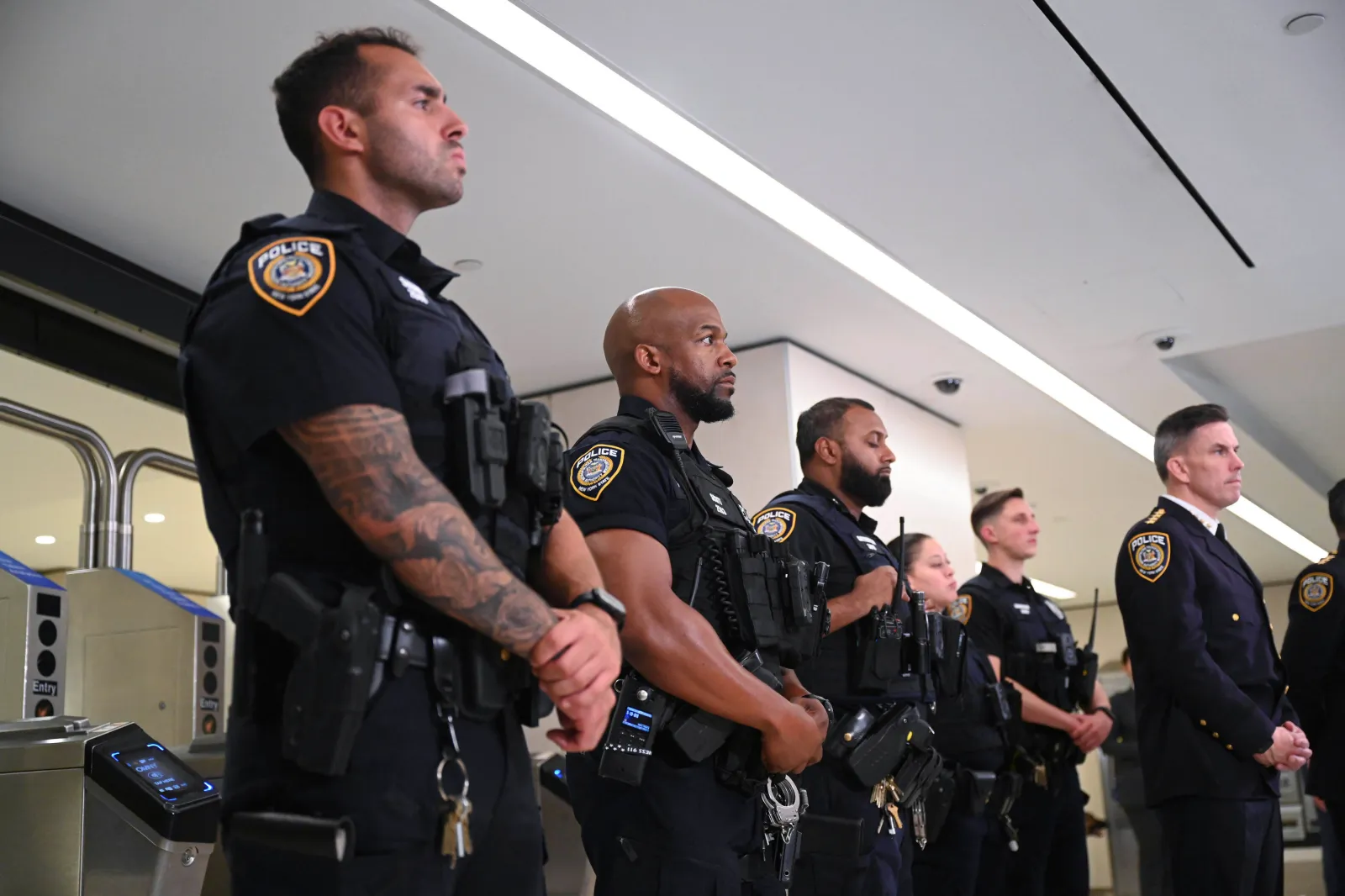 New York City Police Department officers are seen at a public safety announcement press conference on September 10, 2025, at the subway station in Grand Central Terminal in Midtown Manhattan.