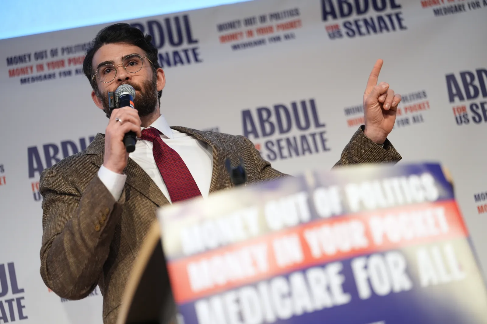 Hasan Piker speaks at a campaign rally for Abdul El-Sayed, a progressive candidate in the Democratic primary for U.S. Senate in Michigan, Tuesday, April 7, 2026, at the University of Michigan in Ann Arbor, Mich. (AP Photo/Julia Demaree Nikhinson)