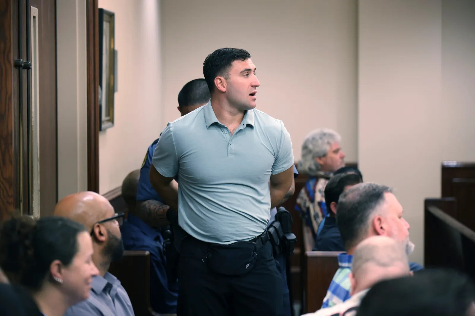 Jake Lang is escorted out of a hearing at the Montgomery County Courthouse, Thursday, May 21, 2026, in Clarksville, Tenn. (AP Photo/Adin Parks)