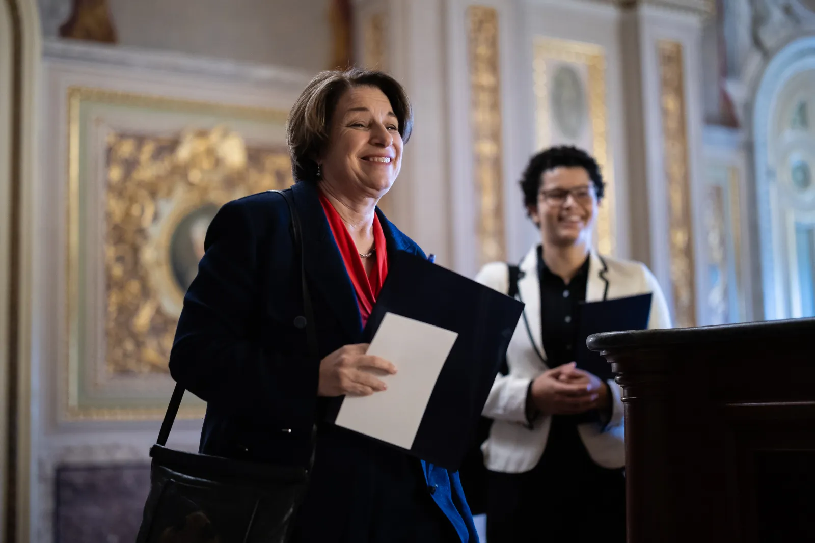 Sen. Amy Klobuchar (D-Minn.) walks to a Senate Democratic Caucus luncheon at the U.S. Capitol on June 23, 2026. (Francis Chung/POLITICO via AP Images)