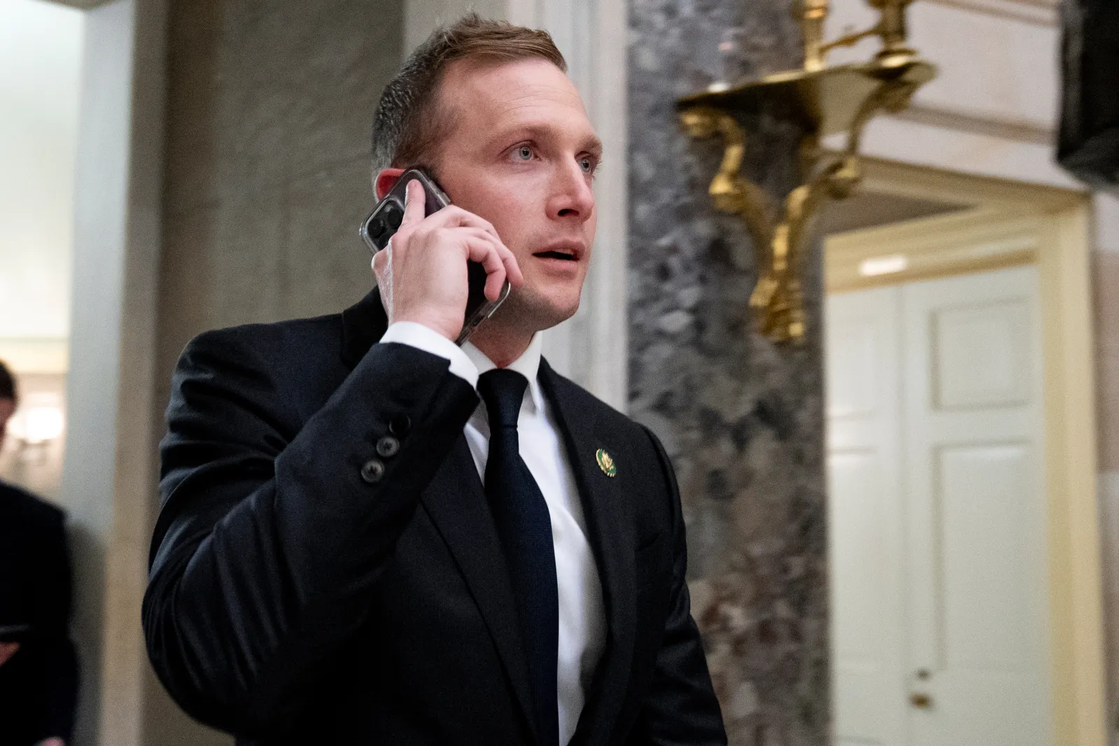 Ohio Representative Max Miller walks out of a meeting with House Majority Leader Steve Scalise of Louisiana, on Capitol Hill in Washington, D.C., on October 11, 2023.