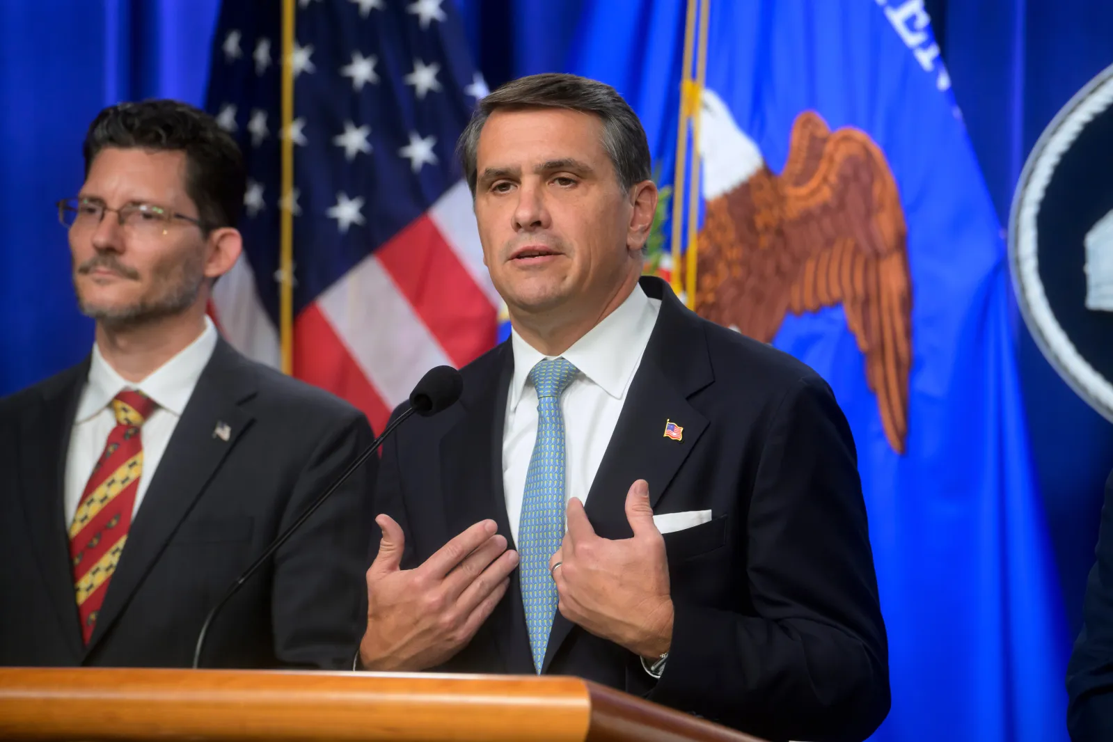 Acting Attorney General Todd Blanche, right, is joined by Deputy Assistant Secretary of the Department of State's Bureau of International Narcotics and Law Enforcement Affairs, Ambassador Michael C. Gonzales, left, during a news conference at the Department of Justice, Wednesday, August 5, 2026 in Washington. (AP Photo)