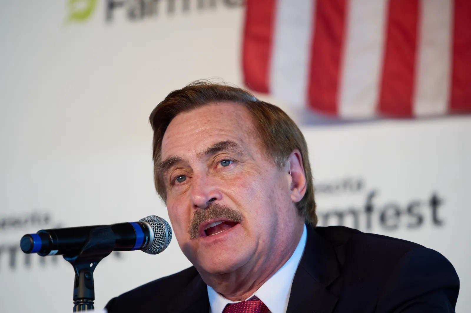Mike Lindell, a Republican candidate for Minnesota governor, speaks during a forum of gubernatorial candidates at Farmfest, Wednesday, Aug. 5, 2026, in Morgan, Minn. (AP Photo/Ellen Schmidt)