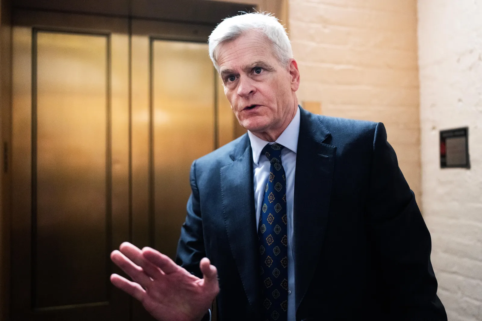 Senator Bill Cassidy, a Louisiana Republican, talks with reporters in the U.S. Capitol after he announced he vote for Todd Blanche to be attorney general on August 7. (Tom Williams/CQ Roll Call via AP Images)