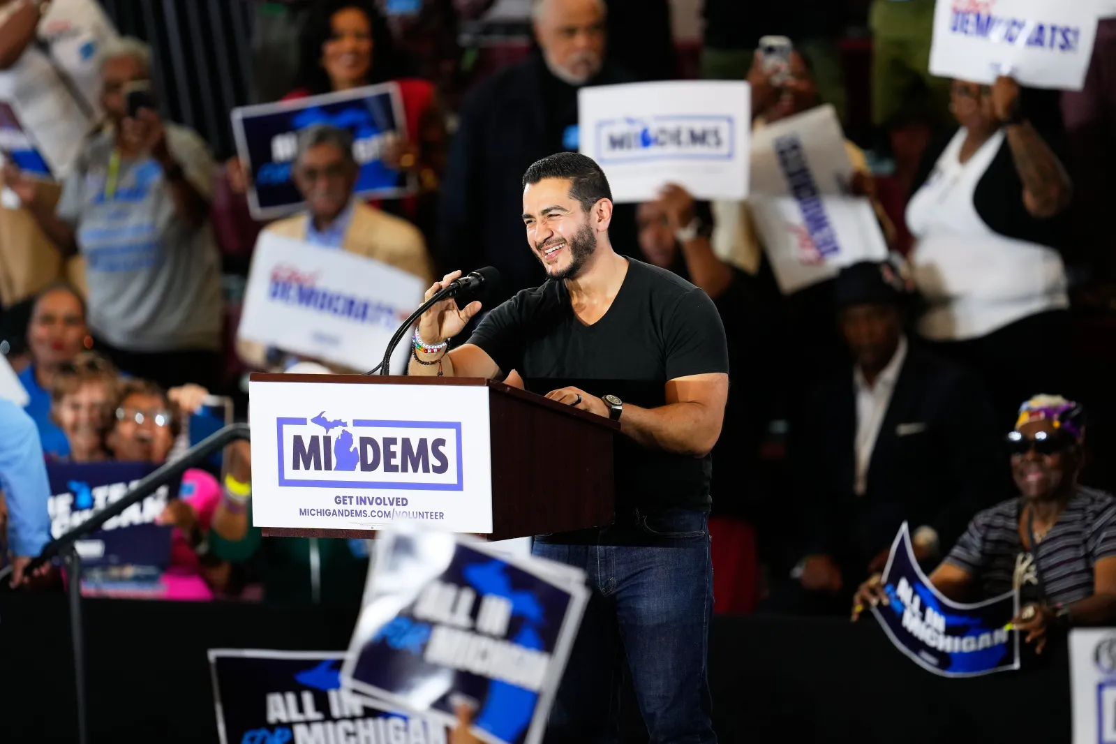 Democratic nominee for U.S. Senate Abdul El-Sayed Speaks at a General Election Kickoff Rally for Michigan Democrats at Renaissance High School on August 7 in Detroit. (AP Photo/Paul Sancya)