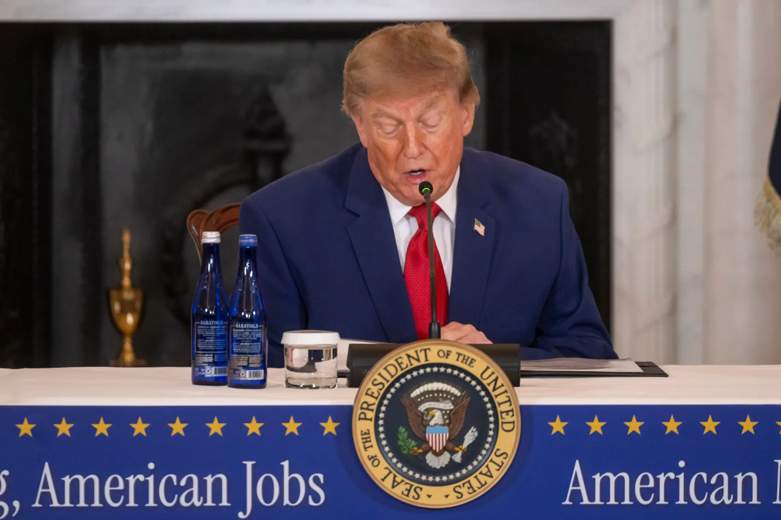 President Donald Trump participates in an American Mining Industry Roundtable at the State Department in Washington, DC, on August 7. (Photo by Craig Hudson/Sipa USA)(Sipa via AP Images)