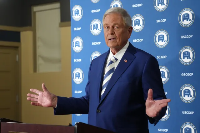 U.S. Representative Ralph Norman speaks with reporters after a special GOP Senate runoff debate with U.S. Senator Darline Graham, not pictured, on August 18 in Newberry, South Carolina. (AP Photo/Meg Kinnard)