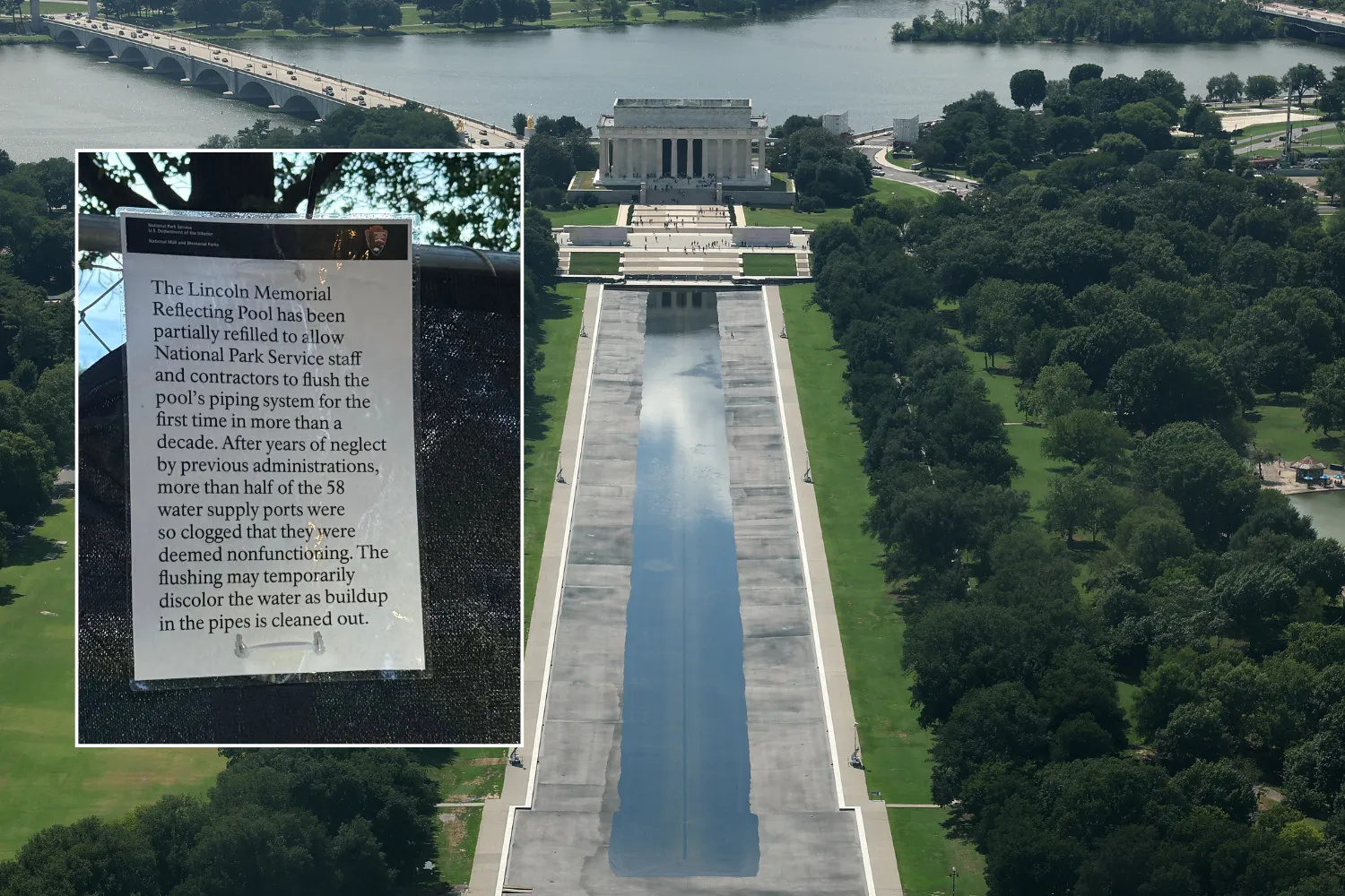 A picture of the sign at the Reflecting Pool, and an areal shot of the pool taken on August 5, 2026.
