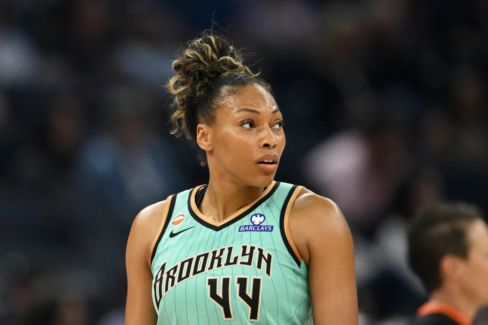 Betnijah Laney-Hamilton #44 of the New York Liberty looks on against the Golden State Valkyries in the first quarter at Chase Center on June 28, 2026 in San Francisco, California.