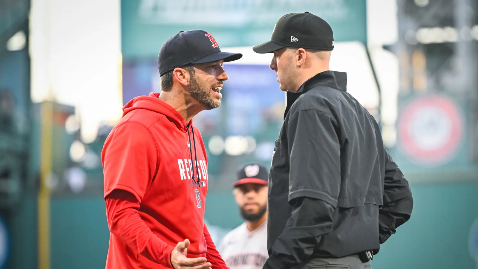 Interim Manager Chad Tracy argues with an umpire after ejecting Willson Contreras #40 in the second inning against the Washington Nationals at Fenway Park on June 29, 2026 in Boston, Massachusetts. (Photo by Jaiden Tripi/Getty Images)