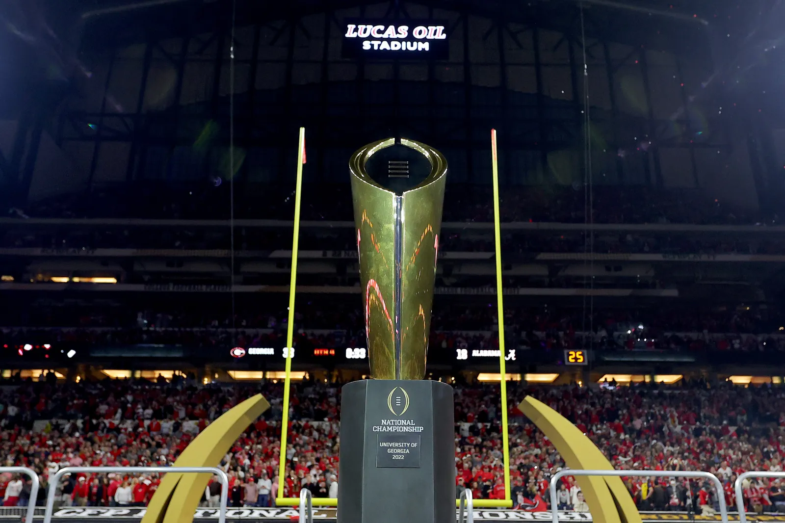 INDIANAPOLIS, INDIANA - JANUARY 10: The National Championship trophy is displayed after the Georgia Bulldogs defeated the Alabama Crimson Tide 33-18 in the 2022 CFP National Championship Game at Lucas Oil Stadium on January 10, 2022 in Indianapolis, Indiana. (Photo by Kevin C. Cox/Getty Images)