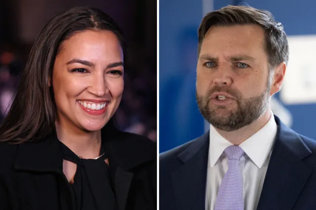 Left: Alexandria Ocasio-Cortez at the Brooklyn Paramount Theater in Brooklyn, New York on November 4, 2025. Right: Vice President JD Vance at the Wilshire Federal Building on June 20, 2025 in Los Angeles, California.