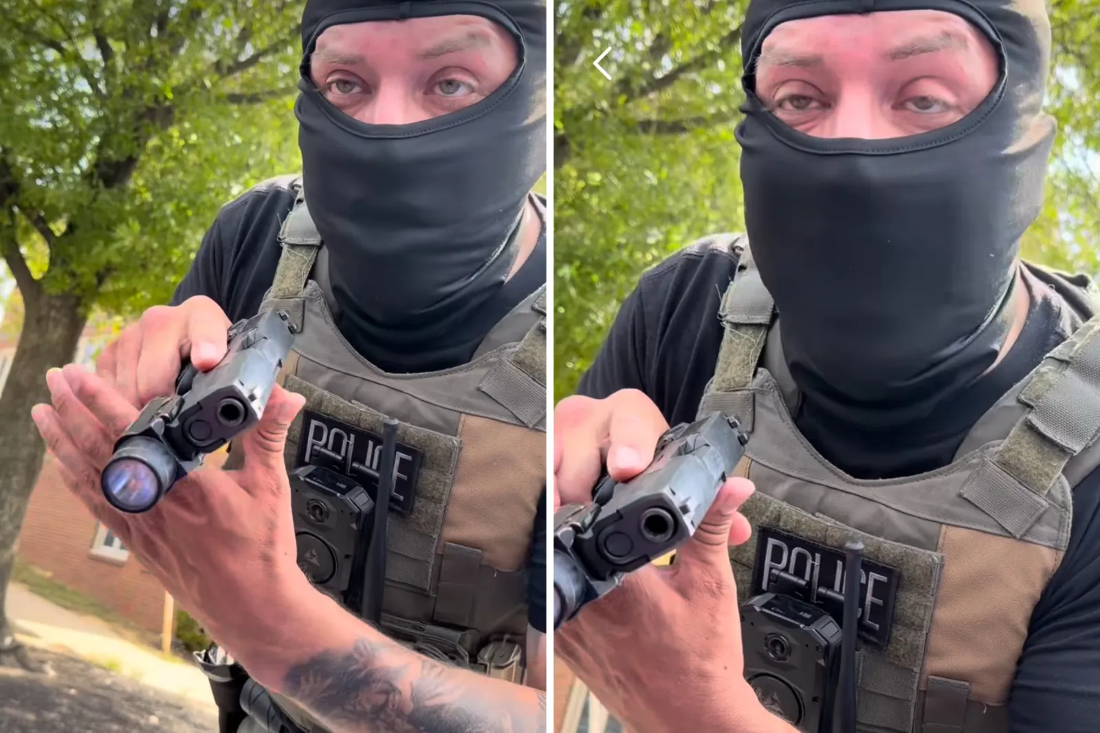 A masked ICE agent points a handgun in the video recorded in Falls Church, Virginia.