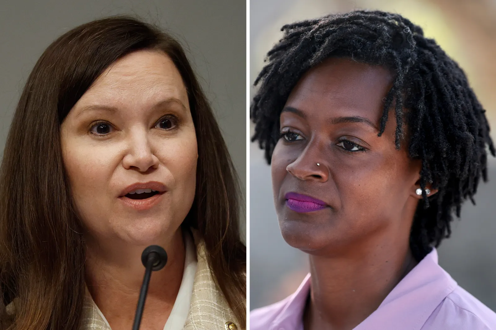 L: Florida Senator Ashley Moody speaks in Washington, D.C., on September 17, 2025. R: Florida state Representative Angie Nixon speaks with supporters on August 15, 2026, in North Miami Beach.