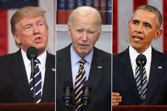 (L) Donald J. Trump delivers his first address to a joint session of Congress from the floor of the House of Representatives in Washington, D.C., USA, 28 February 2017; (Center) Joe Biden speaks during an event at the Roosevelt Room of the White House on January 10, 2025 in Washington, D.C.; Barack Obama delivers his State of the Union address before a joint session of Congress on Capitol Hill January 12, 2016 in Washington, D.C.