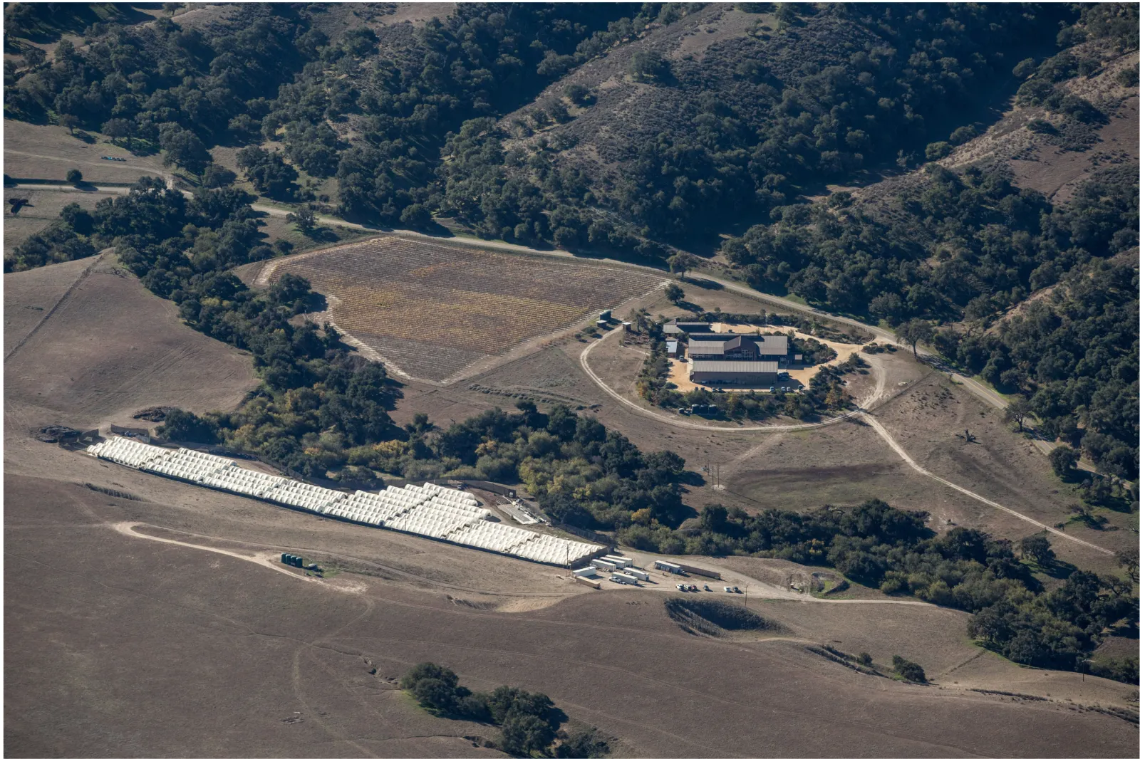 A cannabis growing operation is seen adjacent to vineyards and a winery in this aerial photo taken on December 1, 2021 near Santa Maria, California.