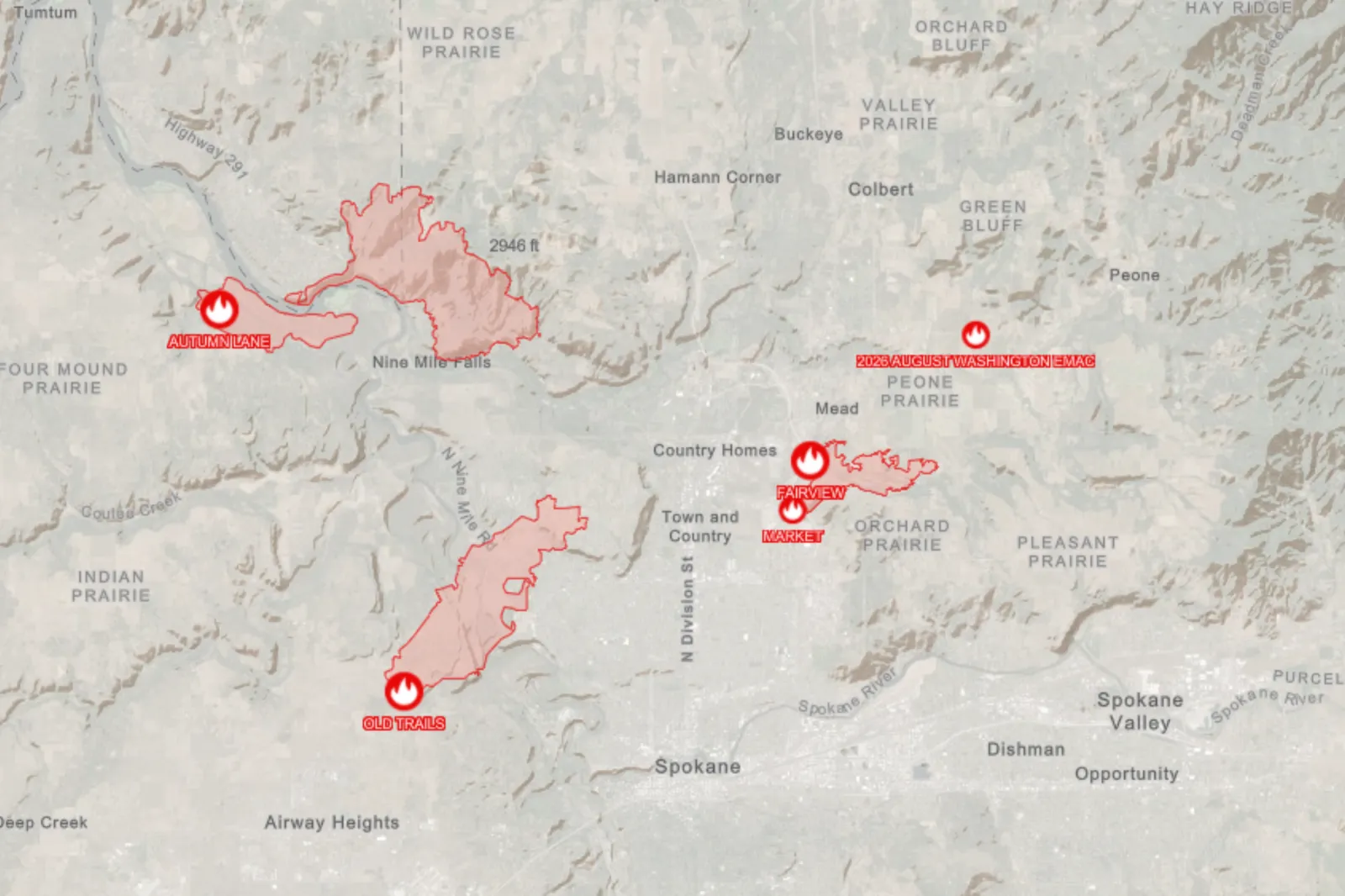 A map shows Spokane-area wildfires on August 5, 2026.