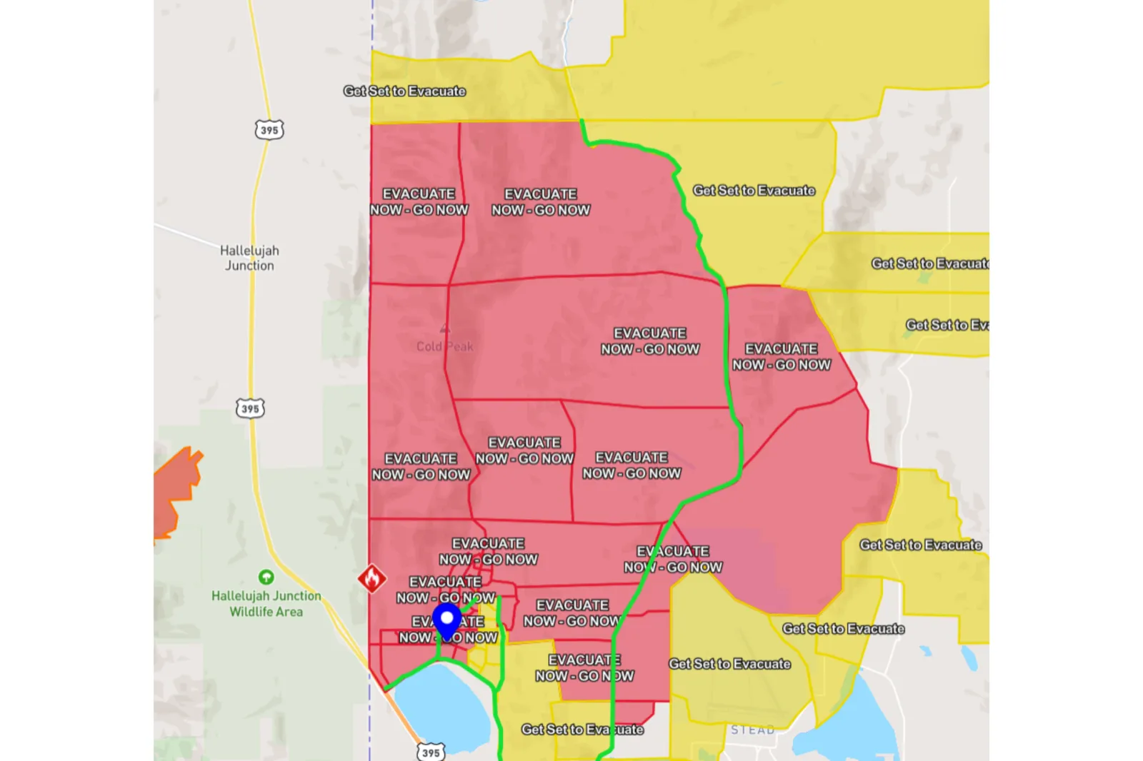 Map showing evacuation "Go Now" orders due to the Bug Wildfire on the Nevada-California border as of August 9, 2026.
