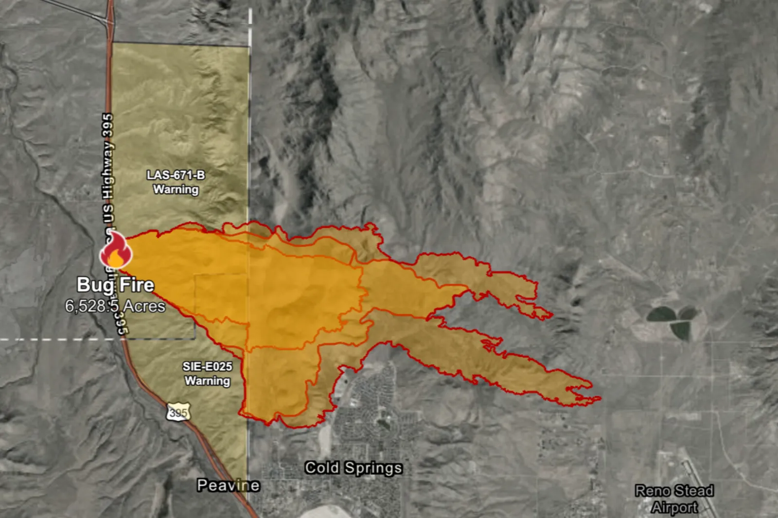 Image for article: Map: Bug Fire Spreading Rapidly Amid Widespread Nevada Evacuations