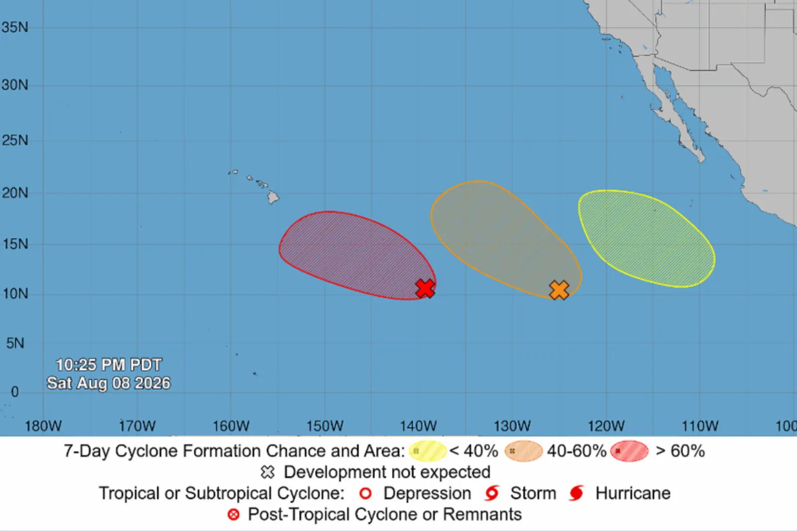 Map showing three Pacific threats as of Saturday, August 8, 2026