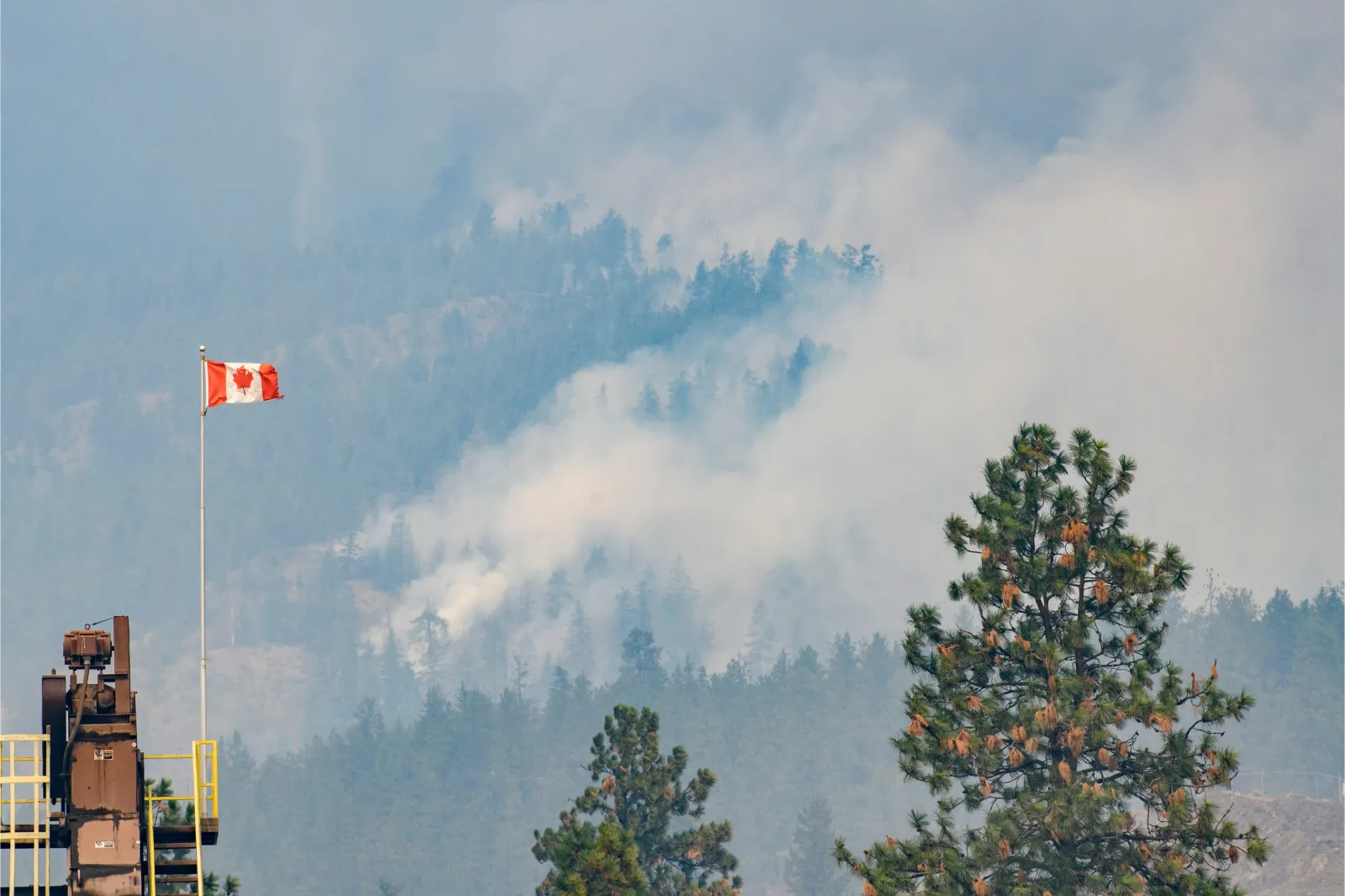 A Canadian flag blows in the high wind as the McDougall Creek wildfire burns above the City of West Kelowna, B.C. in August 18