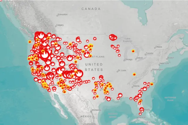 American Forests wildfire tracking map shows the concentration of wildfires across the Northeast, as of August 11, 2026.