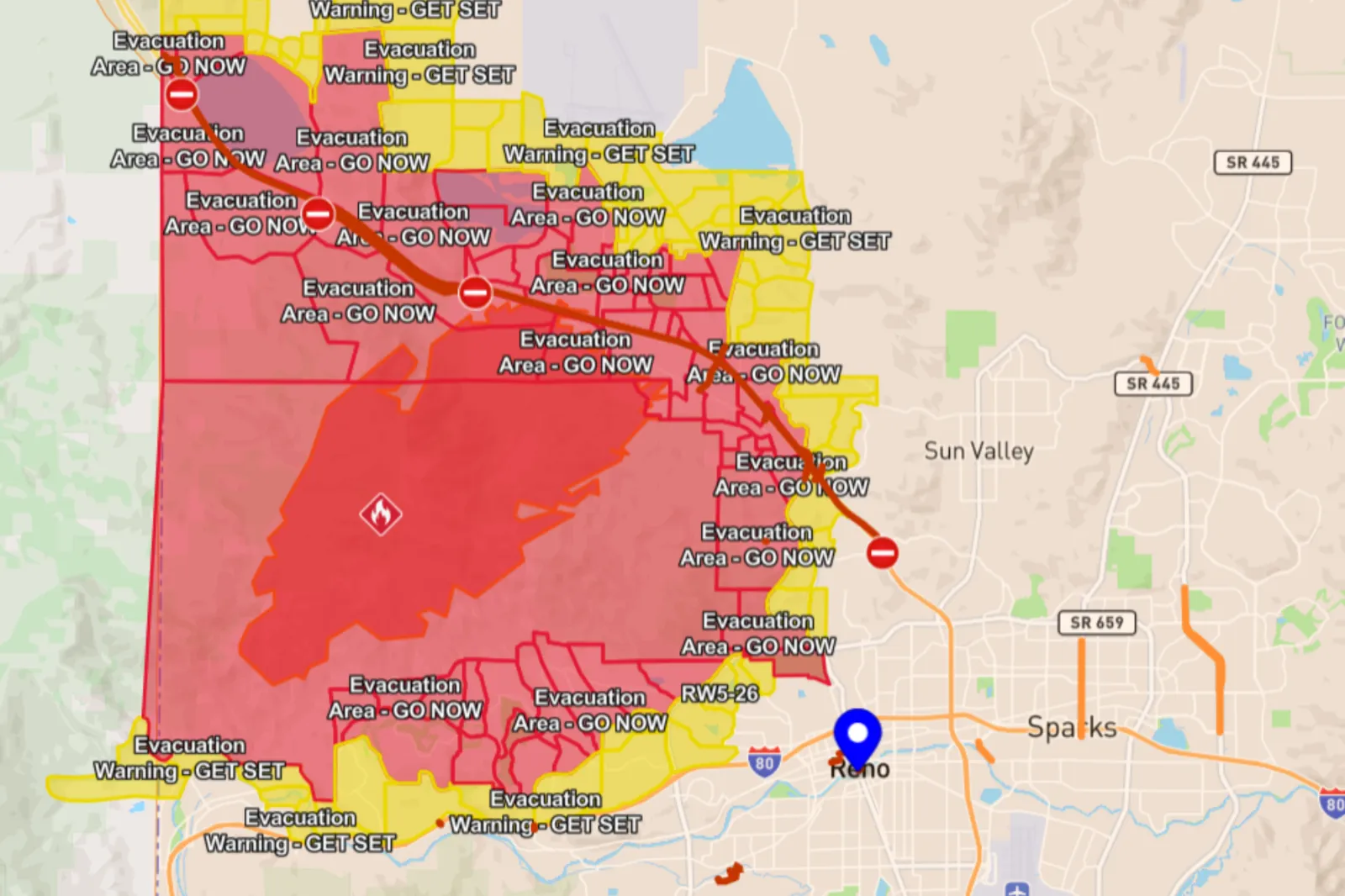 Map showing evacuation areas due to the rapid spread of Hawk Fire, as of Sunday, August 23, 2026.