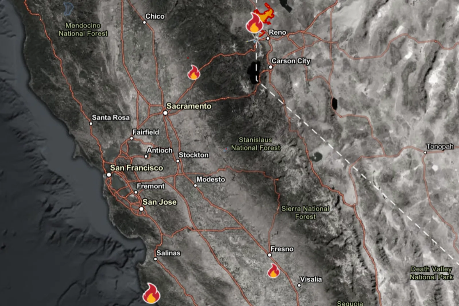 Map showing multiple wildfires burning across California, which could impact residents in Nevada who are impacted by Hawk Fire and affect how and where fire resources are allocated.