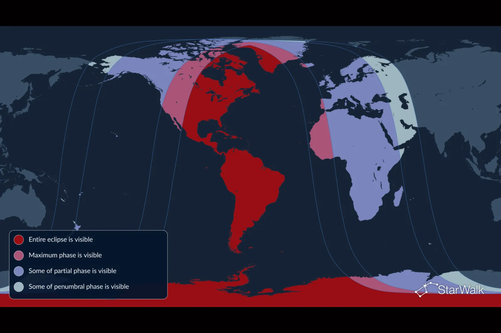 Map showing where the partial lunar eclipse will be visible on August 27-28, 2026