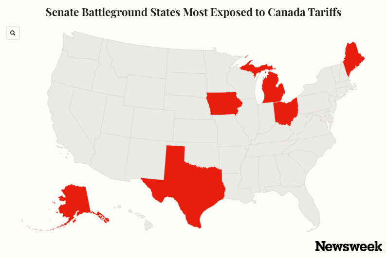 Map Shows Senate Battlegrounds Hit Hardest by Canada Tariffs