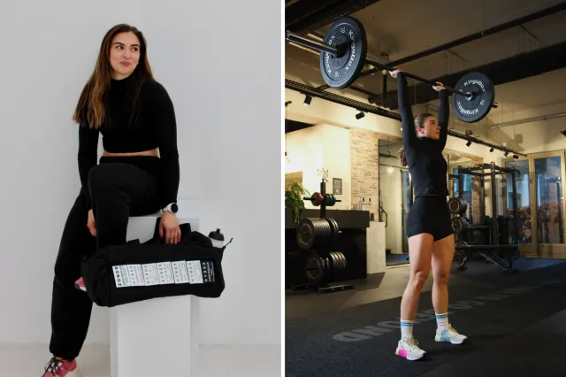 From left: Elissa Simpson sits with her equipment before the race; and trains in the gym.