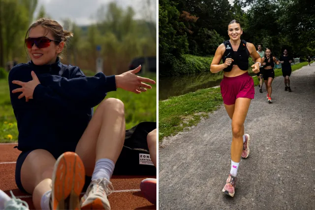 From left: Elissa Simpson warms up for a race on a track; and runs on a trail.